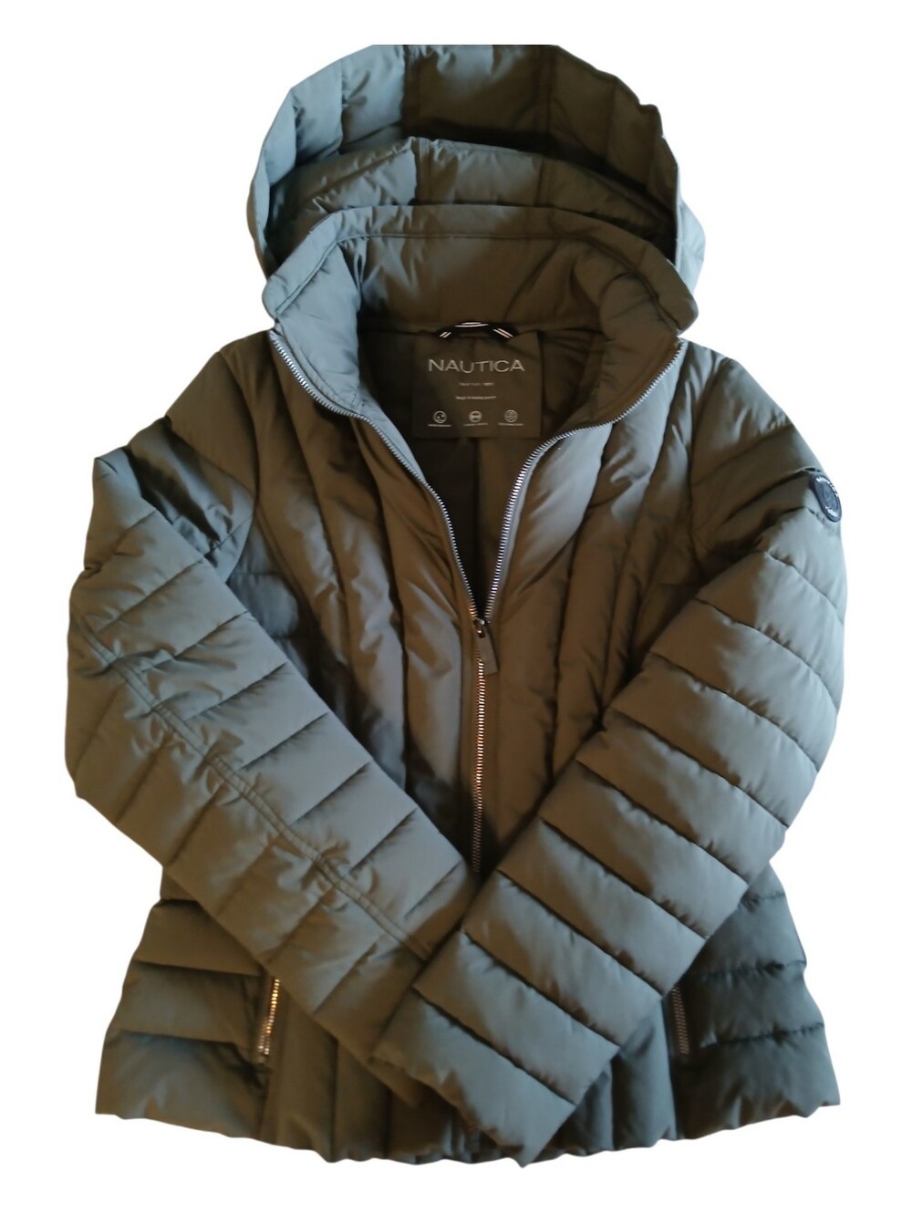 Nautica Women's Olive Green Hooded Quilted Puffer Coat